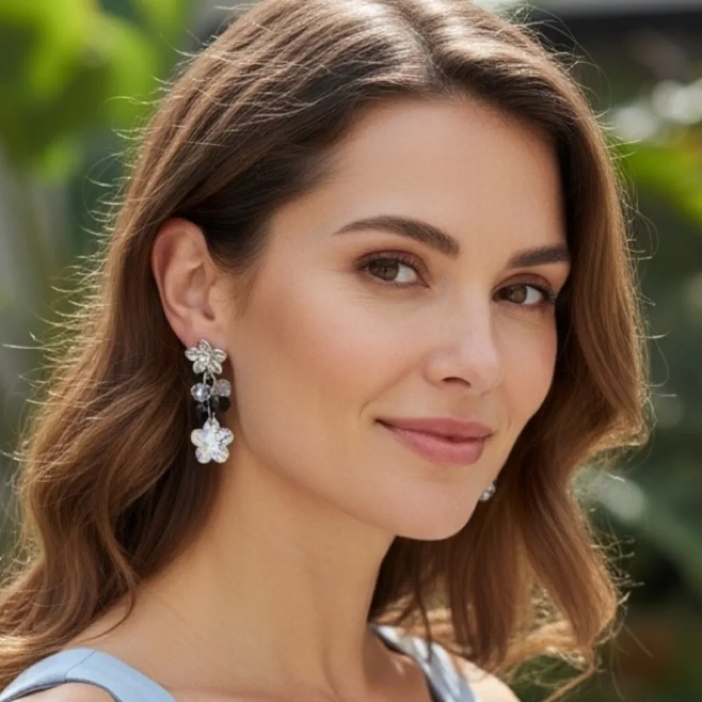 Touchstone Crystal Retired Silver Black and Crystal Floral Earrings